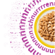 Nassfutter in einer Schale mit gelbem Rand und lila Feld mit der Aufschrift 'Unser perfektes Versprechen' und Aufzählungspunkten: Vitamine, Taurin, 90% tierisches Eiweiß, keine künstlichen Zusatzstoffe.