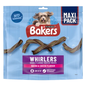 Purina Bakers Whirlers Bacon & Cheese twisted dog treats maxi pack, blue bag with dog photo and "No Rawhide" badge