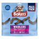 Purina Bakers Whirlers Bacon & Cheese twisted dog treats maxi pack, blue bag with dog photo and "No Rawhide" badge