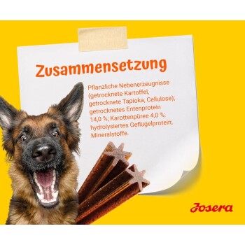 Ein fröhlicher Deutscher Schäferhund auf einem hellgelben Hintergrund neben einer Notiz über pflanzliche Zutaten und Proteine, beschriftet "Zusammensetzung."