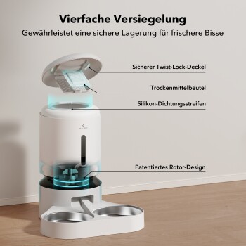 Automatischer Futterspender für Haustiere mit einem sicheren Drehverschlussdeckel, Silikon-Dichtungsstreifen und patentiertem Rotor-Design, gekennzeichnet für Frische.