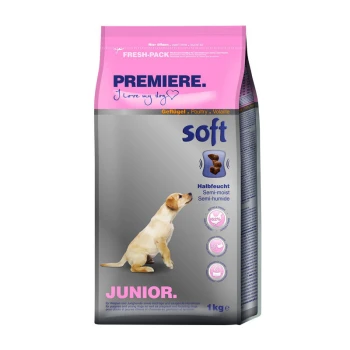 Dog food packaging featuring a playful puppy, labeled "Premiere. I love my dog," with "soft" and "Junior" prominently displayed.