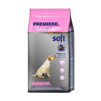 Tierfutterverpackung mit einem verspielten Welpen, beschriftet 'Premiere. Ich liebe meinen Hund,' mit 'weich' und 'Junior' deutlich sichtbar.