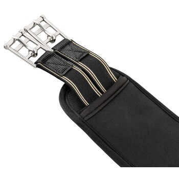 Schwarzes Haustiergeschirr mit zwei Metallclips und elastischen Riemen, entworfen für sichere Befestigung und Komfort.