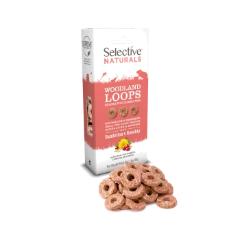 Selective Naturals Woodland Loops snacks for guinea pigs with dandelion & rosehip, also for rabbits, chinchillas & degus, 2.8oz/80g.
