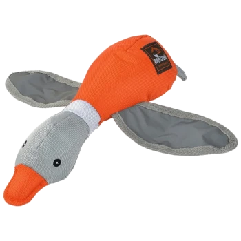 Plüschhundespielzeug in Form einer Ente, mit einem orangefarbenen Kopf und grauen Flügeln, aus strapazierfähigem Stoff.