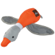 Jouet en peluche pour chien en forme de canard, avec une tête orange et des ailes grises, avec un design en tissu durable.