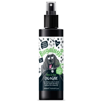 Schwarze Sprühflasche Bugalugs Aloe & Kiwi Kölnisch Wasser für Hunde, vegan gekennzeichnet, an Menschen getestet, 200 ml, hält das Fell frisch duftend.