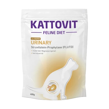 Kattovit Feline Diet Urinary Katzenfutter, 400g, mit einer Katzensilhouette und dem Text "mit Huhn" und "moderater Magnesiumgehalt."