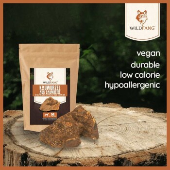 Wildfang Kauwurzel für Haustiere, beschriftet "Kauwurzel aus Baumheide," auf Holz, mit den Eigenschaften "vegan," "haltbar," "kalorienarm," "hypoallergen."