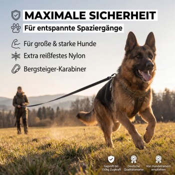 Nahaufnahme eines Hundegeschirrs mit einem schwarzen Riemen, Metallclip und einem Etikett, das sagt "SCHMUTZRESISTENT & WASSERABWEISEND."