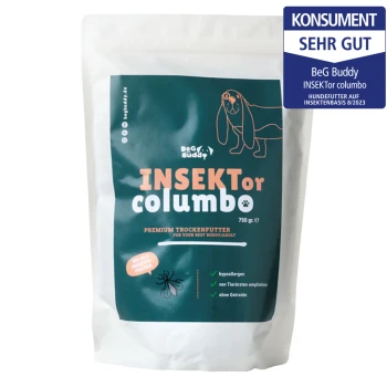 750g Beutel BeG Buddy INSEKTor Premium Trockenfutter für Hunde, grün-weißes Design, beschriftet mit "hypoallergen" und "getreidefrei."