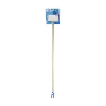 A long-handled pet grooming tool with a white rectangular head, packaged with a blue and white label featuring a pet image.