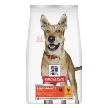 Hill's Science Plan Performance Adult Hundefuttersack mit Hundeabbildung, Hill's-Logo, 'Performance Adult 1+' und 'mit Huhn'.