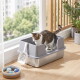 Eine getigerte-weiße Katze steht in einer zweifarbigen grauen Katzentoilette mit Schaufel bei einem sonnenbeschienenen Fenster, einer Topfpflanze und einem kleinen Spielzeugkorb.