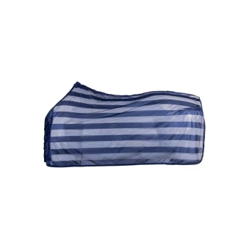 Marineblau und weiß gestreifte Haustierdecke, ordentlich gefaltet, die ihren weichen Stoff und das Design zeigt.