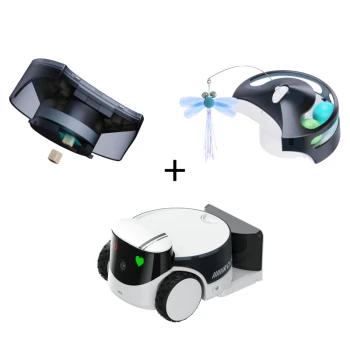 Ein robotisches Haustierspielzeugset mit einem kleinen Roboter mit Herzindikator, einem drehenden Spielzeug mit Libellen-Design und einem Leckerli-Spender.