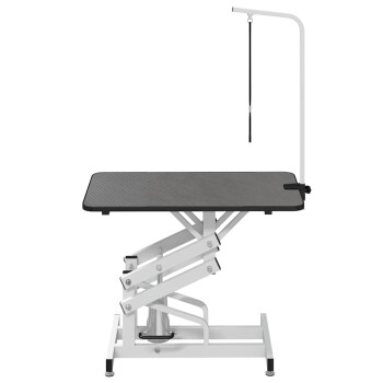 Nahaufnahme des verstellbaren Klemms und Beins eines Haustierpflege-Tisches, der einen schwarzen Knopf und eine robuste Metallkonstruktion zeigt.