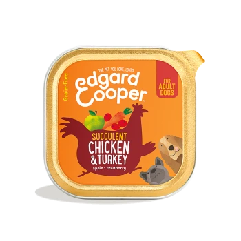 Edgard & Cooper grain-free succulent chicken & turkey dog food with apple and cranberry for adult dogs.