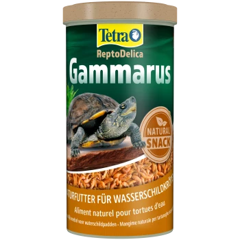 Container van Tetra Gammarus schildpadvoer, met een rode label met een schildpadafbeelding, en tekst in meerdere talen over natuurlijke voeding.