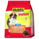 Hundefutterbeutel mit einem lächelnden Hund, beschriftet mit "MultiFit mellos", mit "Adult mit Geflügel und Karotten" und einem frischen Fleischsymbol.