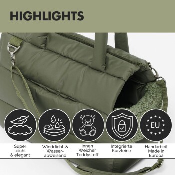 Grüne gepolsterte Transporttasche für Haustiere mit weichem Teddystoff-Innenfutter, winddicht, wasserabweisend, leicht, handgefertigt in Europa, EU-zertifiziert.