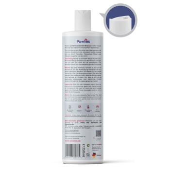 Pawlies Sensitives Shampoo für Haustiere, mit Pro-Vitamin B5, mit Anwendungshinweisen und Inhaltsstoffdetails auf der Rückseite in deutscher Sprache.