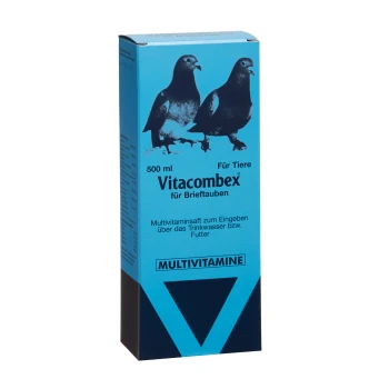 Blaue Box mit Vitacombex-Multivitaminpräparat für Tauben, 500 ml, mit Bildern von zwei Tauben und Text in deutscher Sprache.