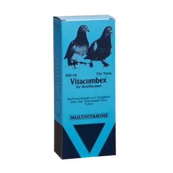 Blaue Box mit Vitacombex-Multivitaminpräparat für Tauben, 500 ml, mit Bildern von zwei Tauben und Text in deutscher Sprache.