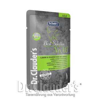 Dr. Clauder's Best Selection No. 03 Haustierfutterverpackung, die Lamm und Kaninchen mit Amaranth zeigt, gekennzeichnet für erwachsene Katzen, hergestellt in Deutschland.