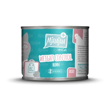 Nassfutter Katze Adult VetCat Diät, Weight Control Huhn 6x200g Mjamjam VetCat Weight Control Katzenfutterdose mit türkisfarbenem Hintergrund, Katzensilhouette, beschriftet mit "Huhn" und "GETREIDEFREI".