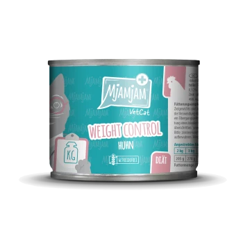 Mjamjam VetCat Weight Control Katzenfutterdose mit türkisfarbenem Hintergrund, Katzensilhouette, beschriftet mit "Huhn" und "GETREIDEFREI".