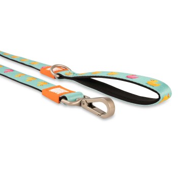 Blaues Hundeleinen mit gelbem und pinkem Gummientenmuster und Metallverschluss, orangefarbene Akzente.