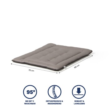 Graues Haustierbett mit den Maßen 70 cm x 90 cm, gekennzeichnet als waschbar bei 95°C, orthopädisch, langlebig und robust.