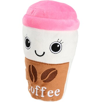 Plüsch-Haustierspielzeug in Form eines Kaffeebechers mit rosa Deckel, lächelndem Gesicht, bestickten Kaffeebohnen und dem Wort „coffee“ auf dem Ärmel.