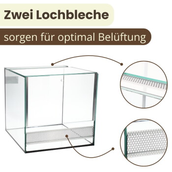 Glas-Terrarium mit zwei perforierten Metall-Lüftungsplatten; Text: „Zwei Lochbleche“ und „sorgen für optimale Belüftung.“