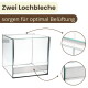 Glas-Terrarium mit zwei perforierten Metall-Lüftungsplatten; Text: „Zwei Lochbleche“ und „sorgen für optimale Belüftung.“