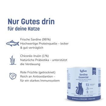 Dose 'Sardine Essential' Katzensnack neben deutscher Überschrift 'Nur Gutes drin' — 98% Sardine, 1% Inulin, getrocknete rote Früchte