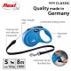 Blue flexi retractable dog leash with ergonomic grip, high-strength cord, and reflective components; 8m length, max 12 kg.