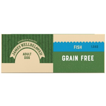James Wellbeloved Adult Dog food packaging, featuring a green and beige design, labeled "Fish" and "Grain Free," 1.5 kg.