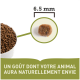 Eine Schüssel mit Haustierfutterpellets mit einer Nahaufnahme eines 6,5 mm Pellets und dem Text: 'UN GOÛT DONT VOTRE ANIMAL AURA NATURELLEMENT ENVIE.'