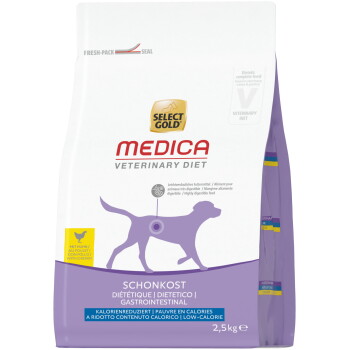 Tüte Select Gold Medica Veterinary Diet Hundefutter mit lila Hundesilhouette, Kennzeichnung 'mit Huhn', 2,5 kg.
