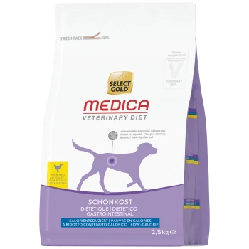 Sac de nourriture pour chiens Select Gold Medica Veterinary Diet avec silhouette de chien violette, étiquette 'avec poulet', 2,5 kg