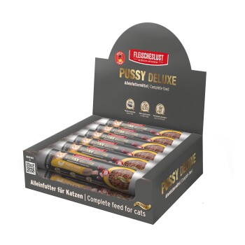 Displaybox mit Fleischeslust PUSSY DELUXE Katzenfutter-Tuben, mit Texten „Alleinfuttermittel | Complete feed“ und „Complete feed for cats“