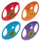 Vier bunte Hundespielzeuge in Rot, Orange, Blau und Lila, jedes mit einem Tennisball mit dem "KONG"-Logo.
