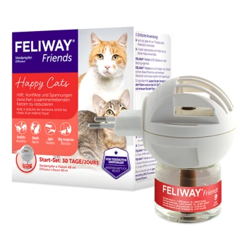 Le kit de départ Friends réduit les tensions & les conflits 48 ml Kit de diffuseur FELIWAY Friends pour chats, promouvant l'harmonie entre les animaux de compagnie. Comprend une bouteille de 48 ml et un diffuseur à brancher. Le texte en allemand souligne les avantages.