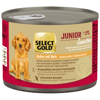 Select Gold Junior Sensitive Hundefutterdose, Huhn mit Reis, glutenfrei, für Hunde unter 1 Jahr, perfekt ausgewogene Ernährung.