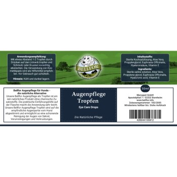 Etikett für Bellfor Augenpflege-Tropfen für Hunde, mit Inhaltsstoffen wie Aloe Vera und Vitamin E, mit Anwendungshinweisen und einem Barcode.
