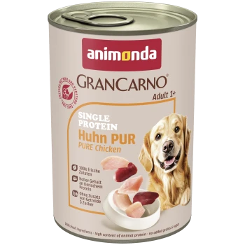 Dose Animonda GranCarno Hundefutter mit Aufschrift 'Pure Chicken' Adult 1+, mit lächelndem Hund und Hühnerstückchen.