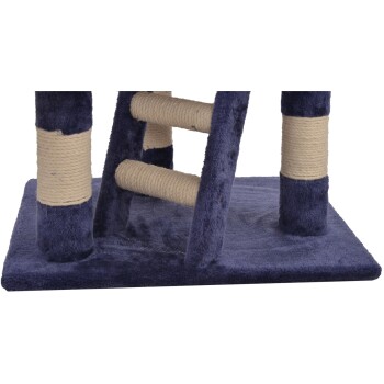 Ein blauer Kratzbaum für Katzen mit einem plüschigen Sockel und mit Sisal umwickelten Kratzpfosten, entworfen für das Spielen und Klettern von Katzen.